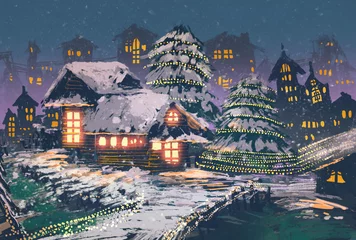 Crédence de cuisine en verre imprimé Grand échec Scène de nuit de Noël de maisons en bois avec des lumières de Noël, peinture d& 39 illustration