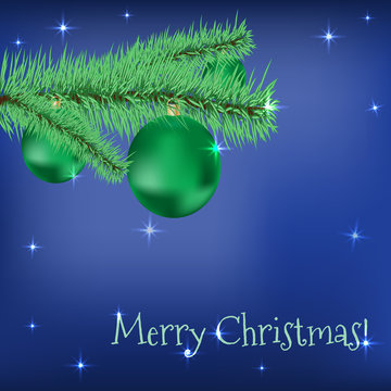 Christmas Fir Tree With Green Balls Stars On A Blue Holiday Back