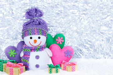 New Year 2015. Happy Snowman, party decoration, gift boxes