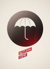 Autumn time poster. Autumn badge or label with umbrella. Vector design.