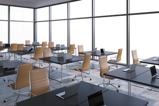 Workplaces in a modern corner panoramic office, copy space in the windows. Open space. Black tables and brown leather chairs. A concept of financial international services. 3D rendering.