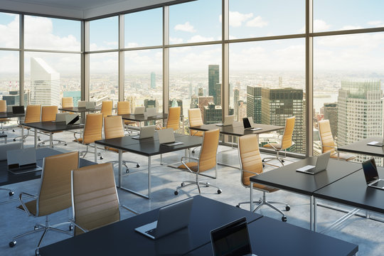 Workplaces in a modern corner panoramic office, New York city view, Manhattan. Open space. Black tables and brown leather chairs. A concept of financial international services. 3D rendering. Toning.