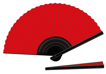 Hand fan - red an black - open and closed - spanish style - three-dimensional - realistic. Isolated vector illustration on white background.