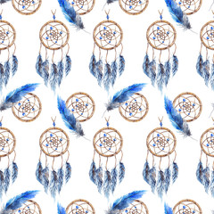 Watercolor ethnic tribal hand made feather dream catcher seamless pattern texture background