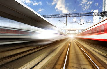 two modern high speed train with motion blur