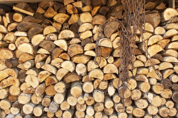Background of stacked wood. Ready firewood. Various kinds of wooden logs stacked on top of each other. Stack of wood, firewood, background. Dry chopped firewood logs ready for winter.
