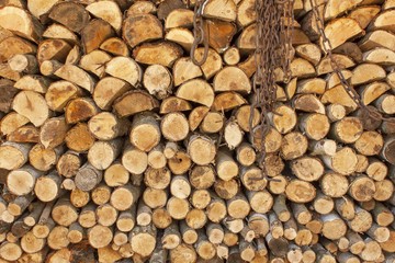 Background of stacked wood. Ready firewood. Various kinds of wooden logs stacked on top of each other. Stack of wood, firewood, background. Dry chopped firewood logs ready for winter.
