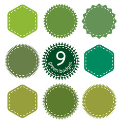 Set of the Green Badges, Logo, Stamp. Nine different shapes and shades of green.