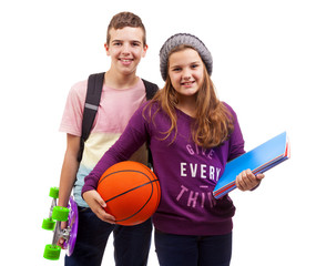 School kids standing smiling on white background