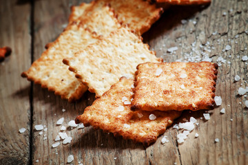 Salty cracker and sea salt on a dark wooden background, toned im