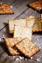 Salty cracker and sea salt on a dark wooden background, toned im