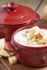 Cheese soup with croutons in red portioned saucepan, selective f