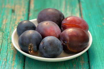 Fresh plums and live black caterpillar in white plate on turquoi