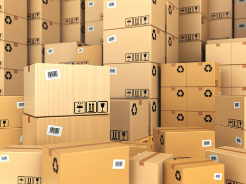 Warehouse or delivery concept. Cardboard boxes background.