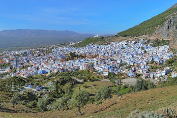 Fototapeta na wymiar View of Chefchaouen from the hill of Jemaa Bouzafar Mosque, Morocco