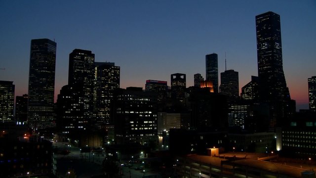 The Houston skyline at dusk.