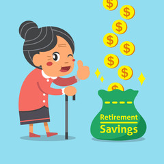 Cartoon old woman with retirement savings bag for design.
