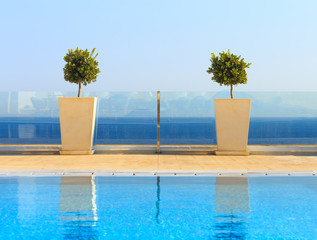 Beautiful sea view from clean swimming pool with plant decoratio