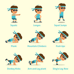 Cartoon set of a man doing exercises for health and fitness for design.