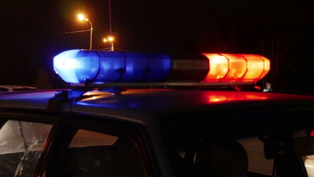 Close up of emergency lights of a police car in the evening. In the background, passing cars.
