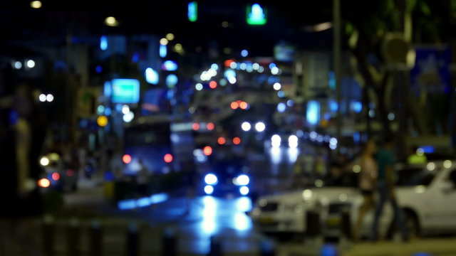 Blurry street lights at night.
