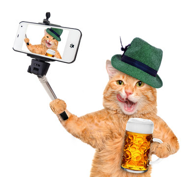 The cat is holding a mug of beer and taking a selfie with a smartphone. Isolated on white.	
