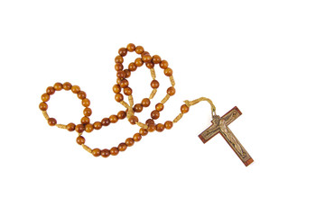 Wooden rosary with cross isolasted on a white background