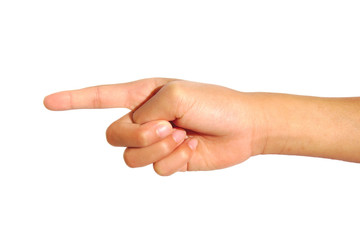 Woman hand pointing with finger isoalted on a white background