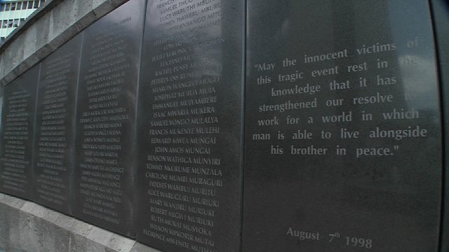 Names on a memorial honor the victims of the 1998 bombing of the US Embassy in Nairobi Kenya.