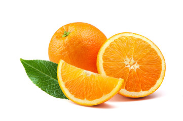 Fototapeta na wymiar Orange fruit with leaf isolated on white background