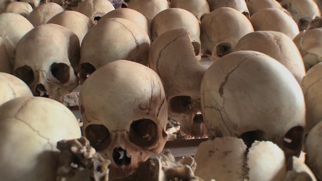 Skulls piled in a display following the genocide in Rwanda.