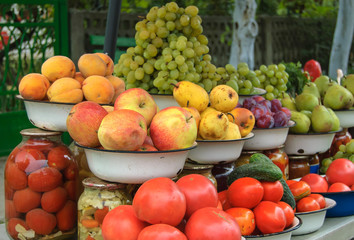 Fruit and vegetables like apples, pears, plums, peaches, grapes, tomatoes, cucumbers and homemade preservation.