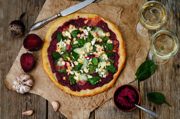 beet hummus spinach goat cheese pizza