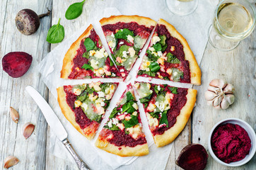 beet hummus spinach goat cheese pizza