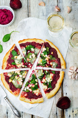 beet hummus spinach goat cheese pizza