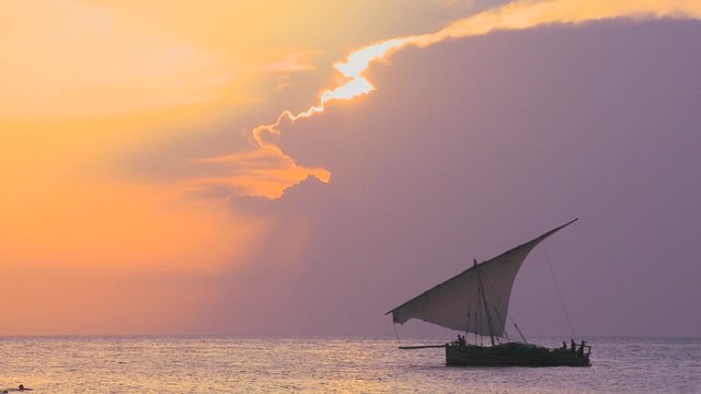 A beautiful sunset shot of dhow sail boat sailing off the coast of Zanzibar.
