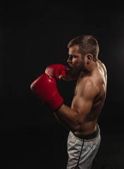 Naklejka na ściany i meble Athletic bearded boxer with gloves on a dark background