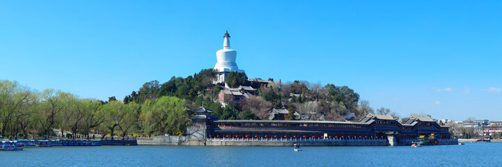 Beihai park panorama with historical architecture in Beijing