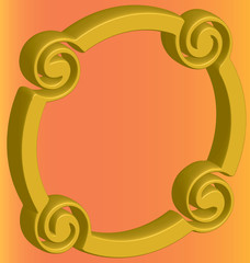 three-dimensional gold ring distorted on an orange background