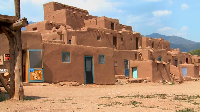 Establishing shot of the Taos pueblo, New Mexico.
