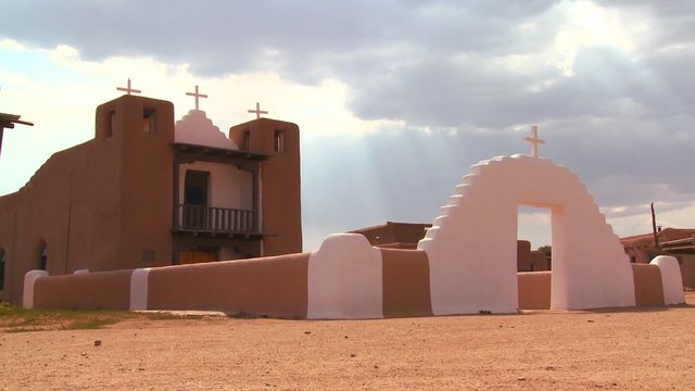 An old adobe church stands at the Taos pueblo in New Mexico.