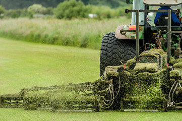 Tractor with grass cutter mowing lawn. - obrazy, fototapety, plakaty