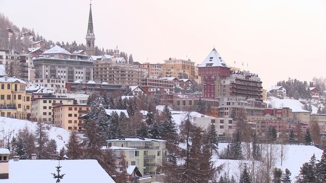 Establishing shot of the town of St. Moritz, Switzerland in winter.