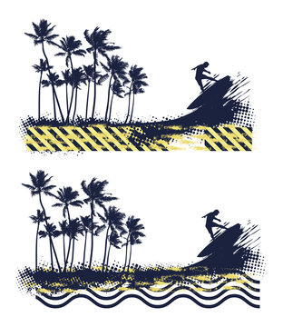 summer vignette with palms and surfer jumping