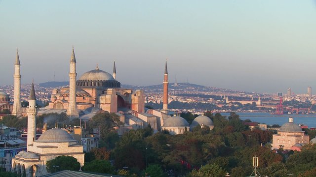 The Hagia Sophia Mosque in Istanbul, Turkey, at dusk.