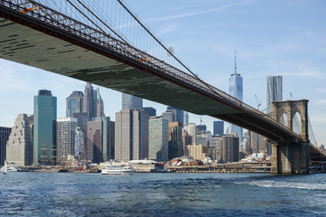 Fototapeta na wymiar New York City downtown buildings skyline Brooklyn Bridge