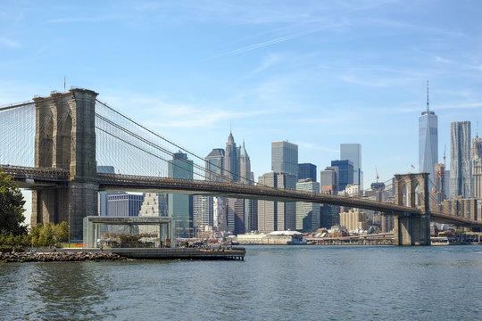 New York City downtown buildings skyline Brooklyn Bridge