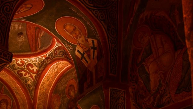 Low angle view of Christian painted ceilings in a cave near Cappadocia, Turkey.