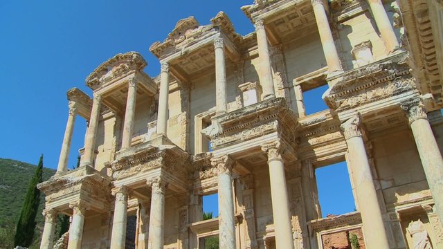 Low angle view of an ancient facade at Ephesus, Turkey.