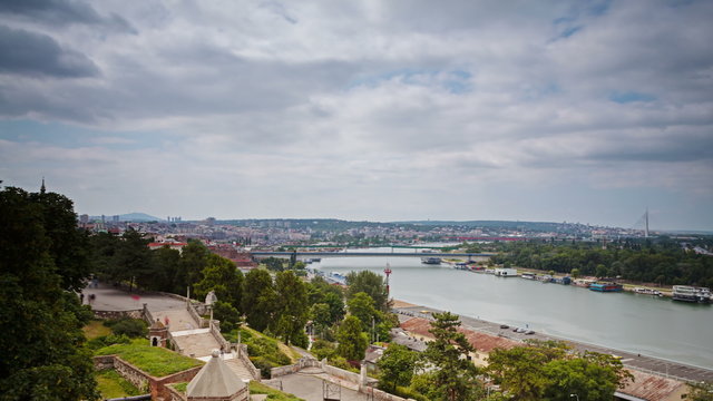 Belgrade daytime time lapse with river Sava from kalamegdan. Smooth pan. Belgrade Serbia